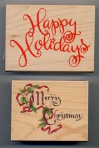 Set Of 2 Stamps - Calligraphy Merry Christmas &amp; Swirl Happy Holidays - Brand New - £15.63 GBP