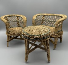 Vintage Wicker Doll House Patio Furniture Loveseat Chair Table 3 Pieces READ - £16.21 GBP