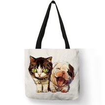 Eco Linen Reusable Shopping Bag With Cat Dog Print Women fashion Casual Handbags - £10.90 GBP