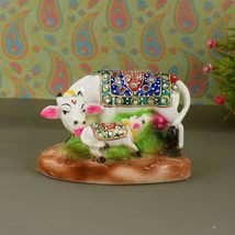 India at Your Doorstep White Marble Cow and Calf Statue for Pooja | Handicrafts  - £107.16 GBP