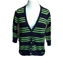 August Silk V-Neck Button Up Sweater ~ Sz S ~ Navy &amp; Green ~ 3/4 Sleeve - £13.62 GBP