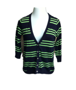 August Silk V-Neck Button Up Sweater ~ Sz S ~ Navy &amp; Green ~ 3/4 Sleeve - £13.61 GBP