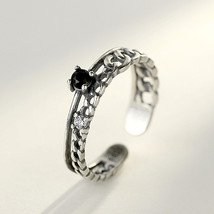S925 Thai Silver Adj UStable Opening Ring Twist Hlow-Out Obsidian Ring For Women - £10.86 GBP
