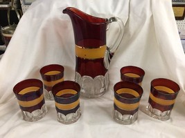 Antique Red &amp; gold stripe glass lemonade pitcher and glasses set - £238.96 GBP