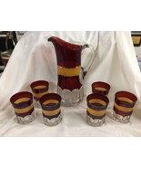 Antique Red &amp; gold stripe glass lemonade pitcher and glasses set - €259,72 EUR