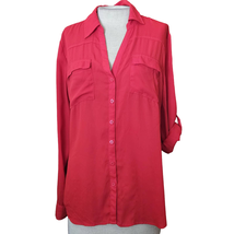 Red Button Up Roll Tab Sleeve Blouse Size Large - £19.35 GBP