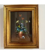 Small French Vintage Painting Flower Bouquet in Vase Behind Glass Gold F... - $2,074.52 MXN