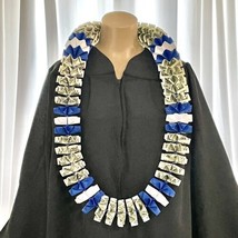 Graduation Money Lei 35 Crisp New Bills Folded Blue &amp; White  W/ Blue Beads - £78.21 GBP