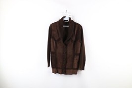 Vintage 70s Streetwear Womens Large Suede Leather Knit Cardigan Sweater Jacket - £69.86 GBP