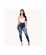 High Rise Distressed Jeans   Blue Jeans ripped stretch denim tight fitti... - £27.50 GBP