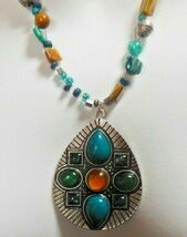 Vintage Blue/Green CAB Glass Bead Shell Pendant Necklace - $19.78