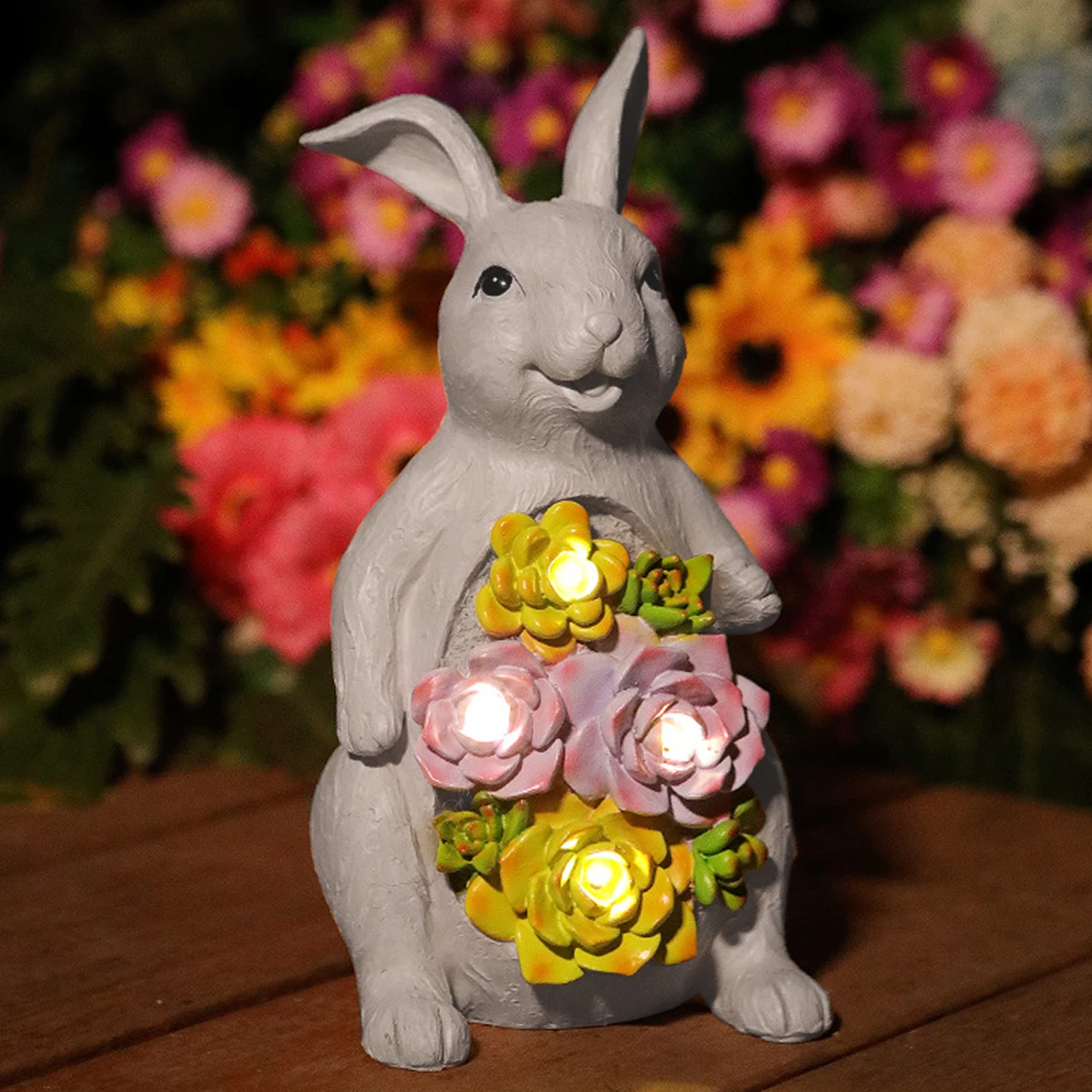 Solar  Figurine Resin Solar Garden  Statue with Flower Light Cute Bunny LED Nigh - £248.04 GBP