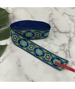 Vintage Embroidered Ribbon Blue Green Geometric Floral Print 4 Yards Trim - $299.63 MXN