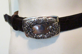 Brighton Brown Alligator Print Leather Belt Embossed Art Nouveau Buckle Sz Small - $17.10