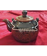 Japanese Teapot Glazed Red Clay Grape Leaves Design Black &amp; Brown Vintage - £28.47 GBP