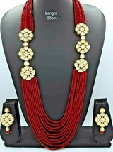 Indian Bollywood Style Gold Plated Kundan Long Necklace Earrings Red Jewelry Set - £74.19 GBP