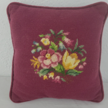 Floral Needlepoint Pillow Rose Red  Cottage Core Farmhouse Country Shabby 13&quot; - £15.58 GBP