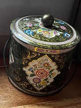 Vintage Brown Round w Pink Yellow Floral Motifs Metal Tin Cookie Contain... - £10.23 GBP