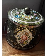 Vintage Brown Round w Pink Yellow Floral Motifs Metal Tin Cookie Contain... - $13.09