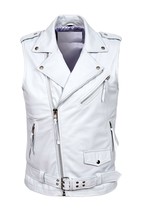 Leather Jacket Vest Biker Motorcycle Vintage Men Coat Mens Retro Moto White 44 - £27.55 GBP+