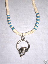 New Cast Pewter Dolphin Jumping Thru Ring Coco Bead 18&quot; Off White Blue Necklace - £8.11 GBP