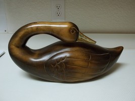 Solid Wood Hand Carved Duck Swan with Brass Beak ~ Beautiful - £69.98 GBP