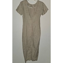 VTG CDC Tan Linen Blend Long Dress Short Sleeves Deep V Buttons Size 10 ... - $29.65