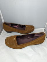 Clarks Indigo Camel Brown Suede Leather Moccasin Shoes Kitten Heels SlipOns 10 M - £31.51 GBP