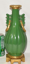 Vintage Green Hand Painted Vase 11" Ribbed Vase Heavy Gilt Trim Ornate H... - $39.00