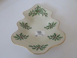 Lenox Bone China Holiday Tree Dish 9&quot; Rimmed In Gold 4&quot; New Holly &amp; Berry - £14.80 GBP