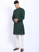 Dark Green Handmade Mirror Work Chickenkari Kurta Pajama Set Bollywood S... - $46.99+