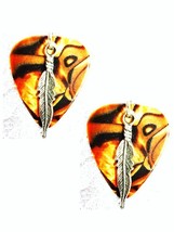 Brown Abalone Look Guitar Pick W Feather Charm Earrings - £6.31 GBP