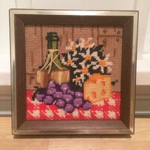 Vintage Framed Needlepoint Embroidery - Restaurant Tabletop Wine Grapes Flowers - £11.22 GBP