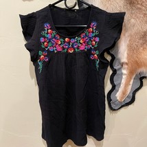 Boutique Embroidered Gauzy Flutter Sleeve Top Black Pink Boho Pretty Summer - $14.44