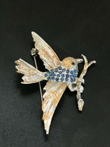 Vintage Silvertone Bird w Spread Wings Perched on Twig w Tiny Blue Rhinestone  - £6.92 GBP