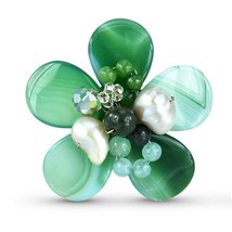 Bright Tropical Flower Green Agate, Jade, Crystals, and Pearls Floral Ring - £11.20 GBP