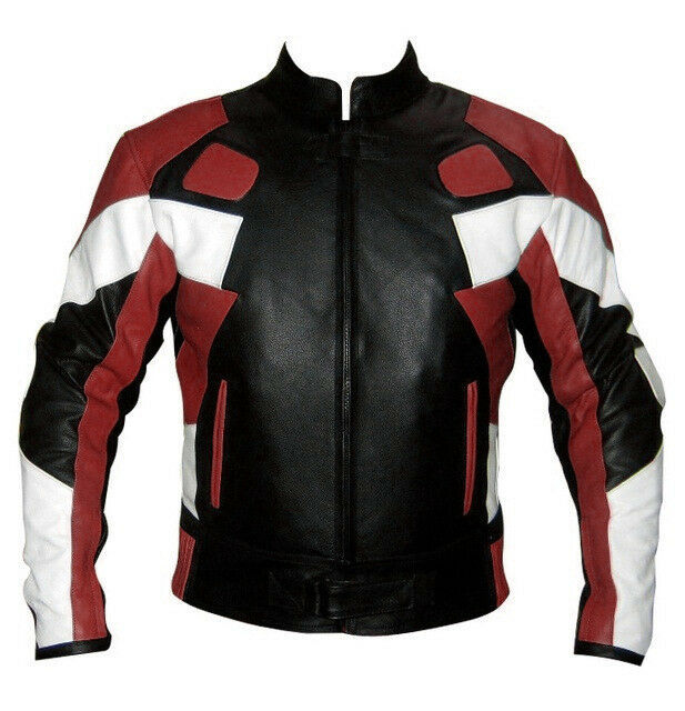 Men Three Tone Black Maroon White Motor Biker Genuine Leather Safety Pads Jacket