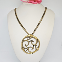 Signed ALVA Museum Replica Celtic Triskele Medallion Pendant Necklace Brass Tone - £27.54 GBP