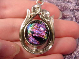 (#D-98-Y) Dichroic Fused Glass Pendant Silver Pink Yellow Blue - £49.32 GBP