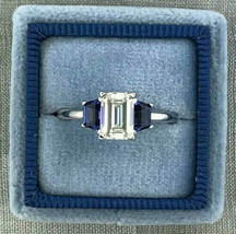 Emerald Cut 2.45Ct Diamond &amp; Sapphire Engagement Ring 14k White Gold in Size 6 - £213.34 GBP