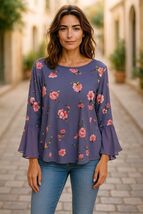 Lauren Conrad Womens Floral Print Bell Sleeve Blouse XL Purple/Pink Poly... - $14.90