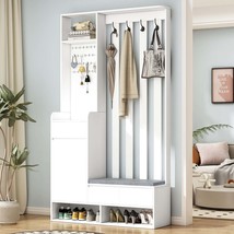 Modern Hall Tree w/ Storage Bench &amp; Coat Rack, White - $273.99