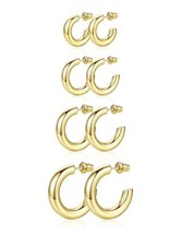 4 Pair Hoop Earrings Multi Size 14K Gold Plated Chunky Open Hoops 20/30/40/50mm - £11.85 GBP
