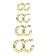 4 Pair Hoop Earrings Multi Size 14K Gold Plated Chunky Open Hoops 20/30/... - $14.99