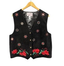 Tantrums Vest Women XL Black Satin Velvet Embroidered 3D Floral Cottagecore - $27.81