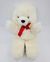 King Plush Vintage White Bear w Red Bow Fluffy 15&quot; Plush Stuffed Animal ... - £15.70 GBP
