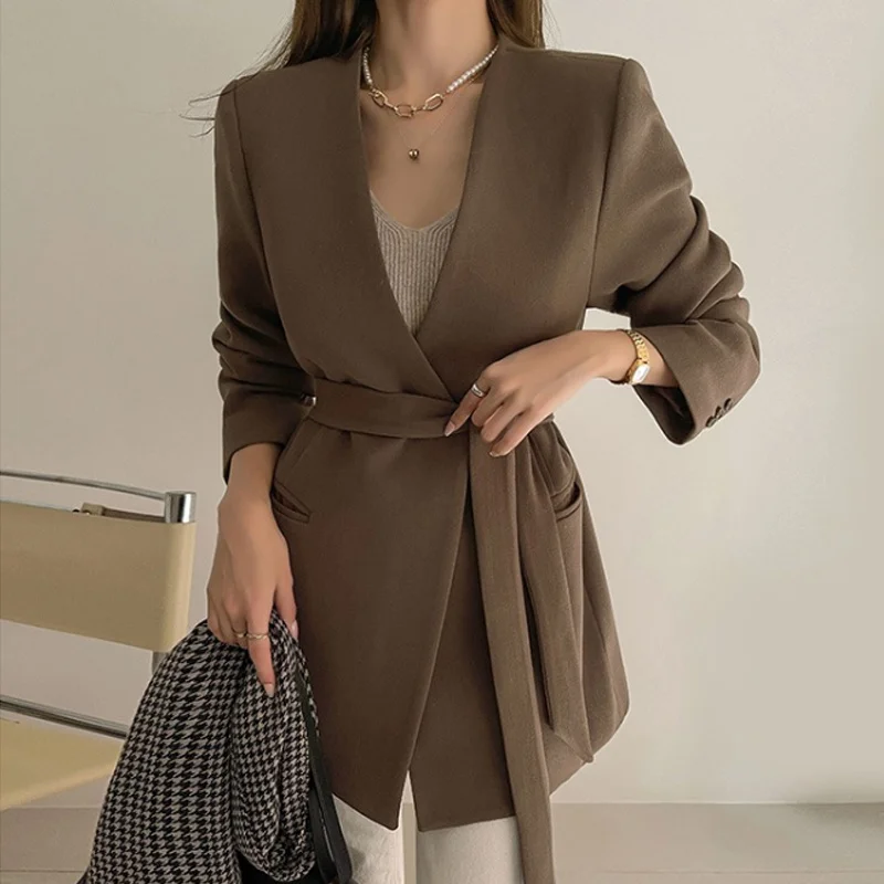 LANMREM Autumn Winte  Lace Up Long Sleeve Suit Coat Female Solid Color V-neck Bl - £196.27 GBP