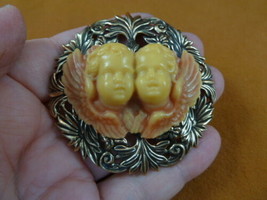 (CL49-8) Twin two Cherubs angels ivory + orange CAMEO flower brass Pin Pendant - £28.40 GBP