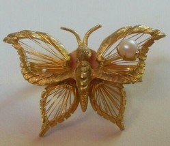 Signed Brooks Gold Tone Filigree Butterfly faux Pearl Scarf Holder/clip - £11.67 GBP