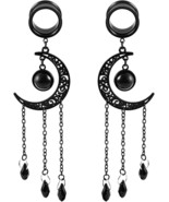 2PCS Fashion Black Chain Moon Earrings Plugs Tunnels Stainless Steel 14m... - £10.89 GBP